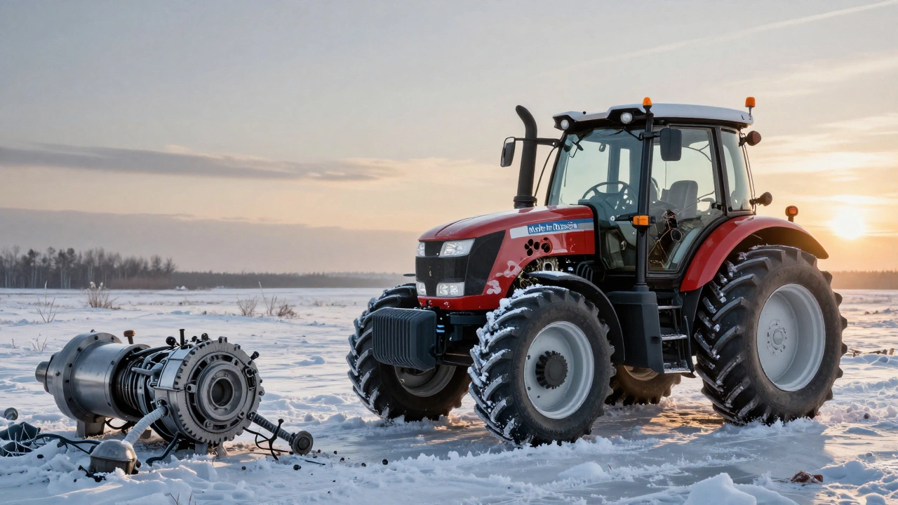 Сравнение сломанного и исправного трактора: внутри — детали российского производства, снаружи — зимний пейзаж Урала.