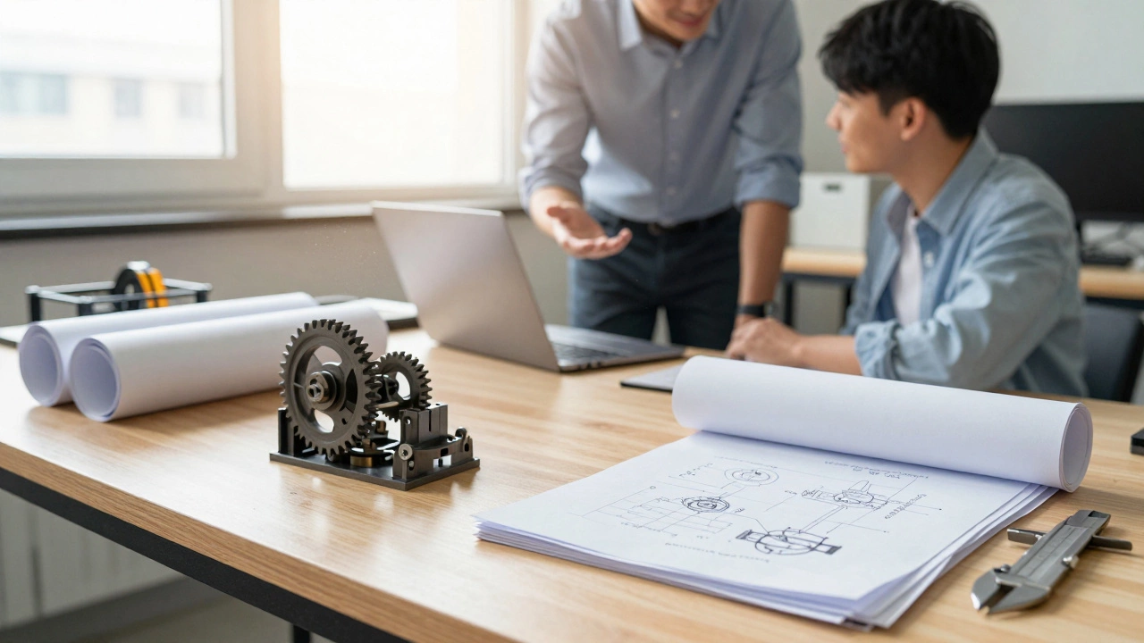 Стол конструктора с готовыми моделями и инструментами проектирования.
