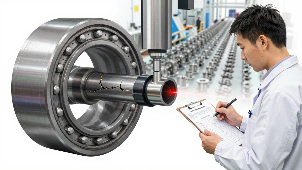 Техник проверяет подшипник двигателя по технологической карте, предотвращая микротрещины.