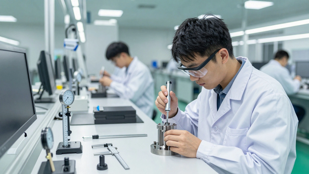 Техник проводит контроль качества готового изделия в лаборатории