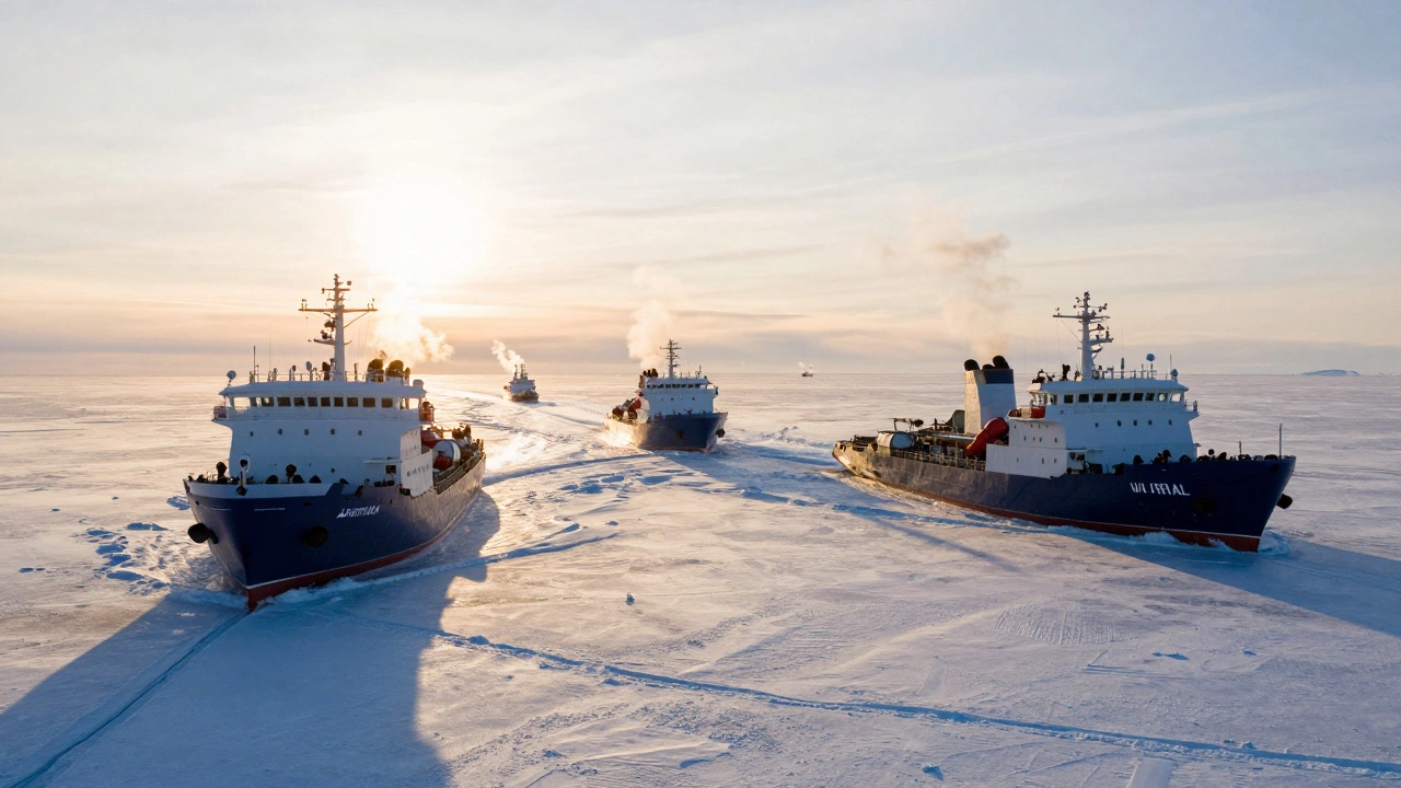 Три российских атомных ледокола пробивают лед толщиной три метра в Арктике, сопровождая караван судов.