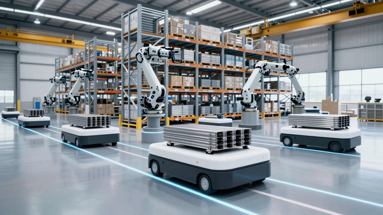 Автономные роботы-тележки AGV перевозят грузы по современному автоматизированному складу