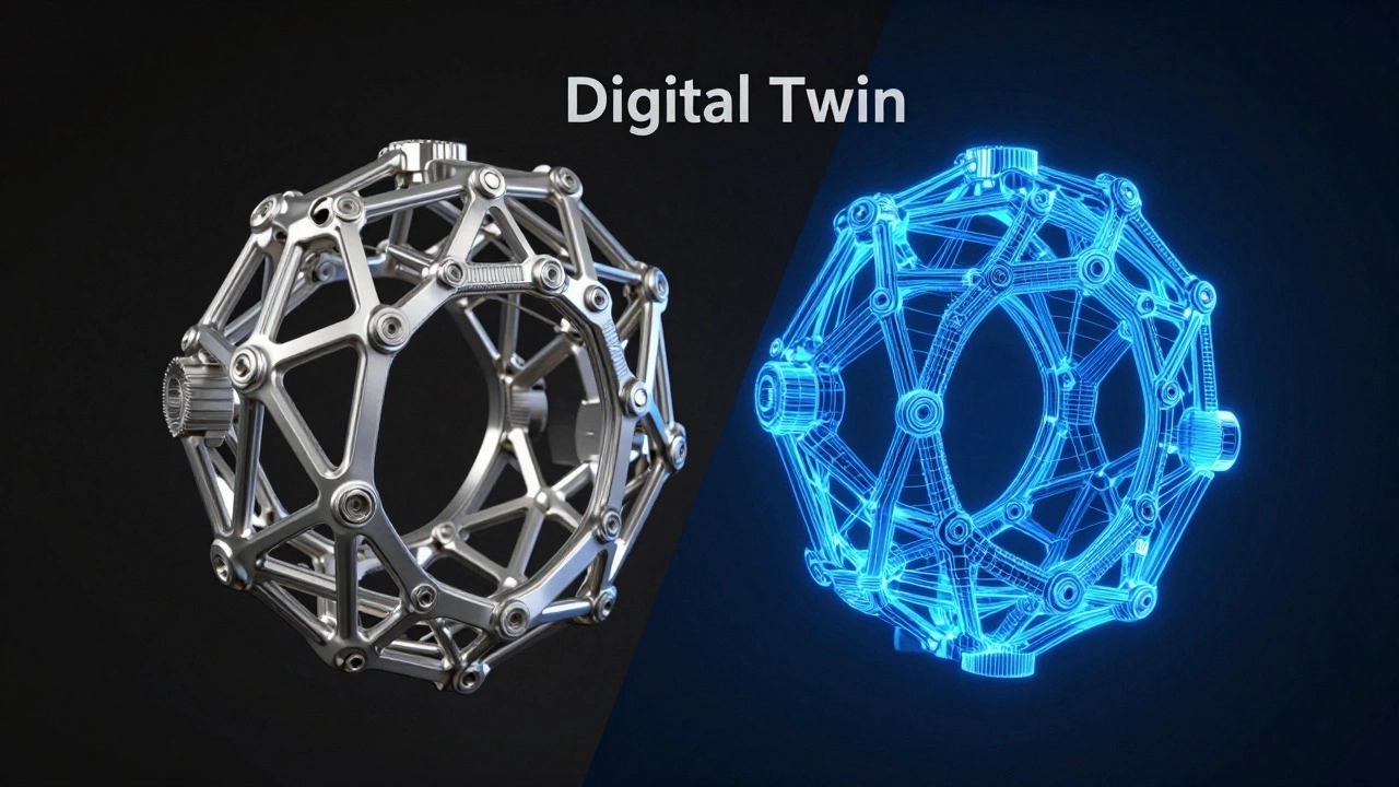 Физическая 3D-печатная деталь и её цифровой двойник в виде синего каркаса