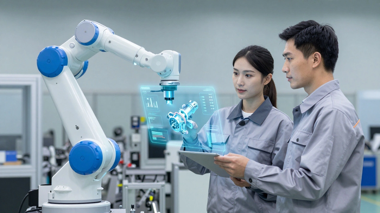 Инженер и коллаборативный робот работают вместе с голограммой данных производства