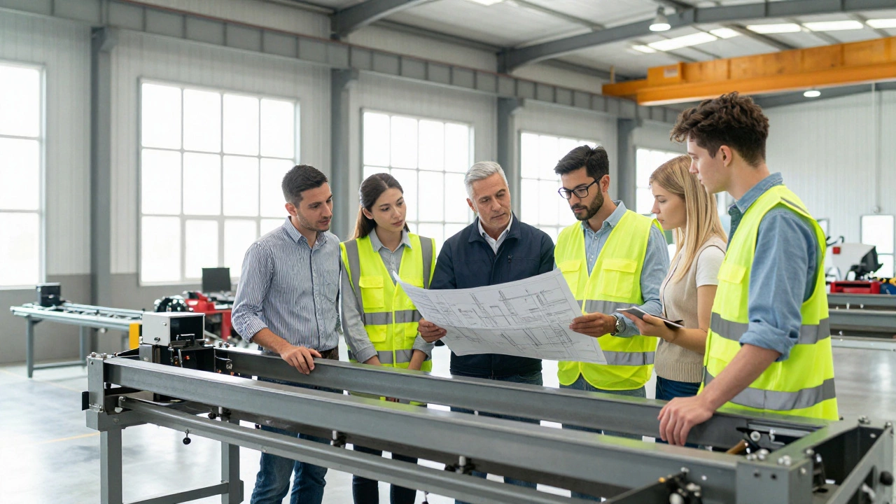 Инженеры и рабочие обсуждают создание качественной сельхозтехники в цеху
