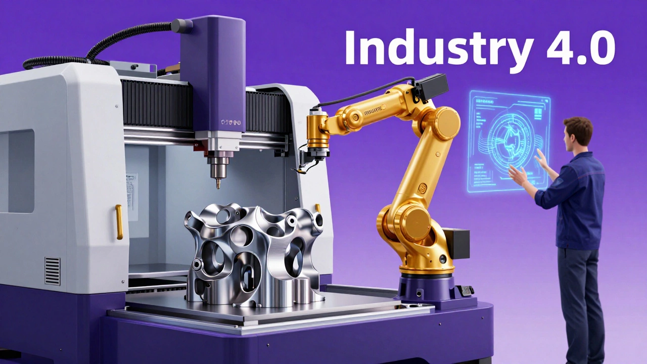 Робот-кобот и инженер работают с ЧПУ-станком и 3D-принтером