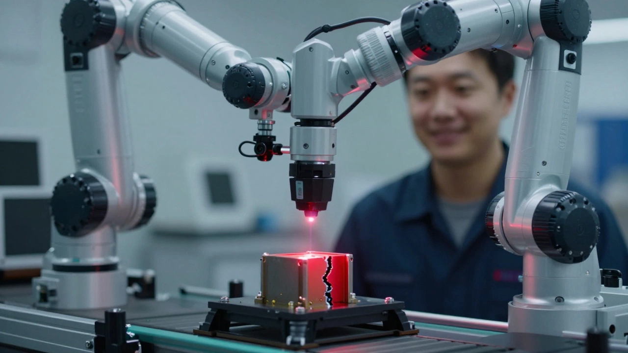 Система компьютерного зрения ИИ обнаруживает дефект детали на конвейере