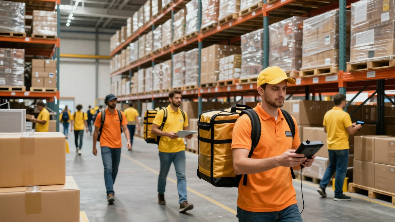 Сотрудники склада и курьеры в крупном логистическом центре маркетплейса