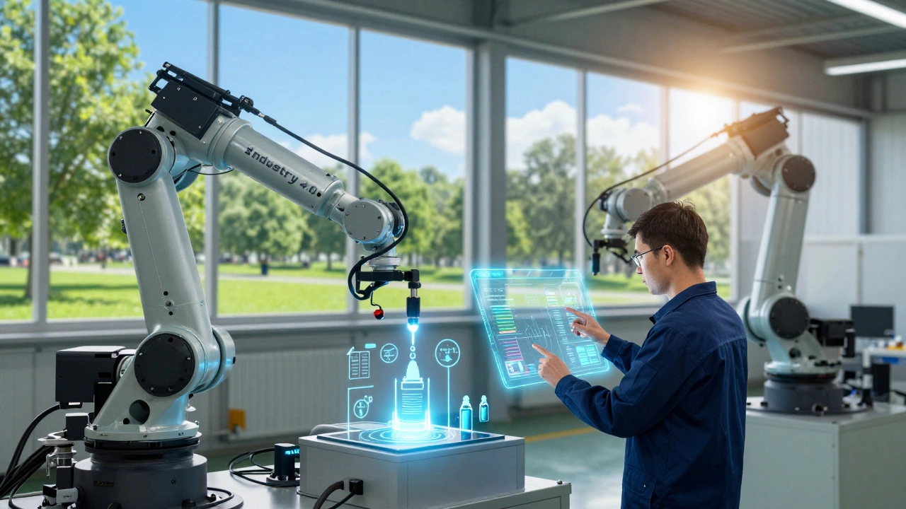 Современный завод с роботами и экологичной средой вокруг