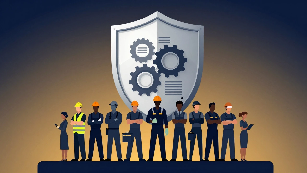 Conceptual shield of safety protecting diverse workers in various industries