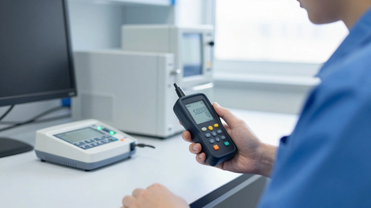 Technician using sensors to measure noise and air quality at a workspace