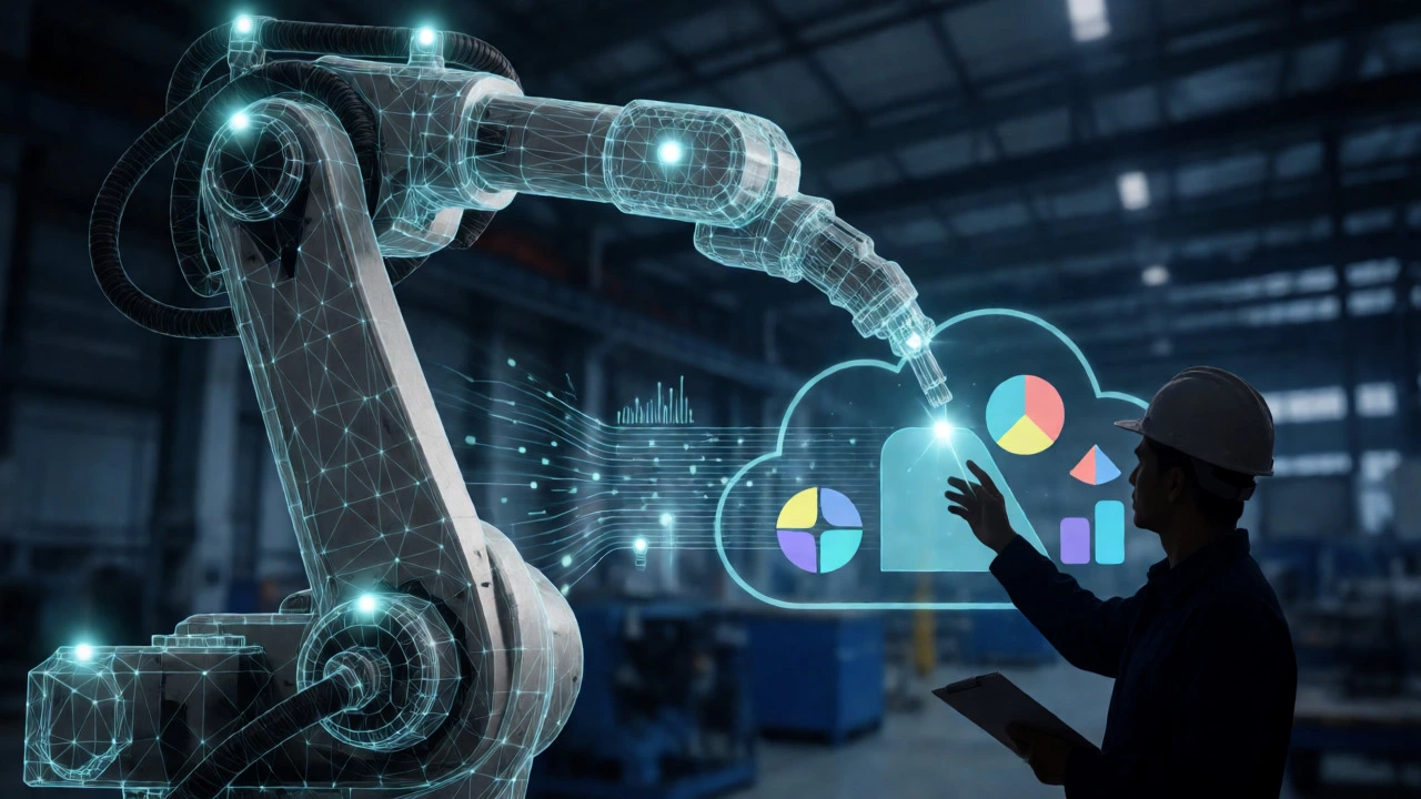 Концептуальное изображение Industry 4.0: роботизированная рука и цифровые данные качества